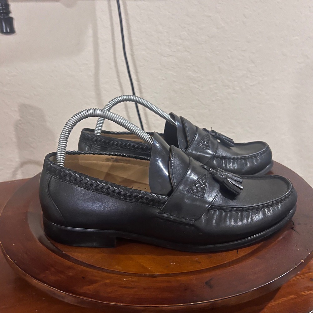 Florsheim Imperial Mens Dress Shoes Black Leather Tassel Loafers Woven Trim 9.5D